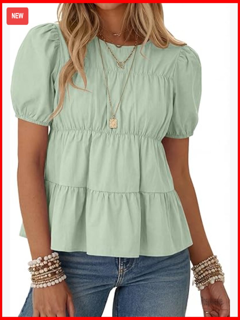Puff Sleeve Babydoll Top Peplum Pleated Cotton T-Shirt Loose Fit Blouse
